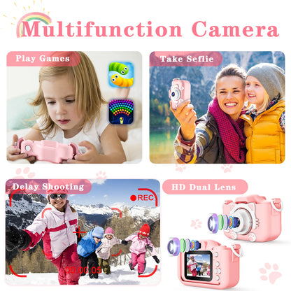 Caméras de chat mignon pour enfants avec carte 32G, étuis en silicone, photographie pour enfants, caméra vidéo HD, jouets pour touristes, cadeaux de festivals