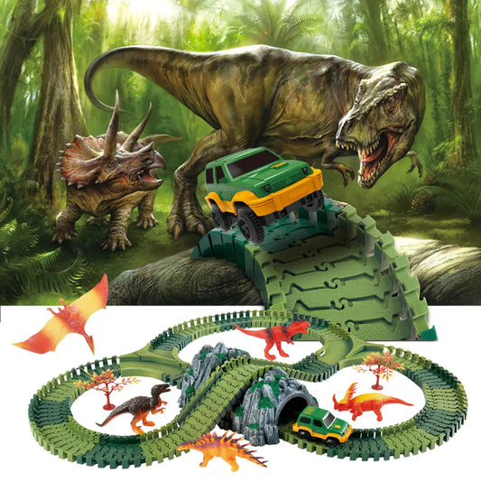 Ensemble de piste de course flexible pour enfants, chemin de fer dinosaure, voiture, lampe flash, jouets pour enfants