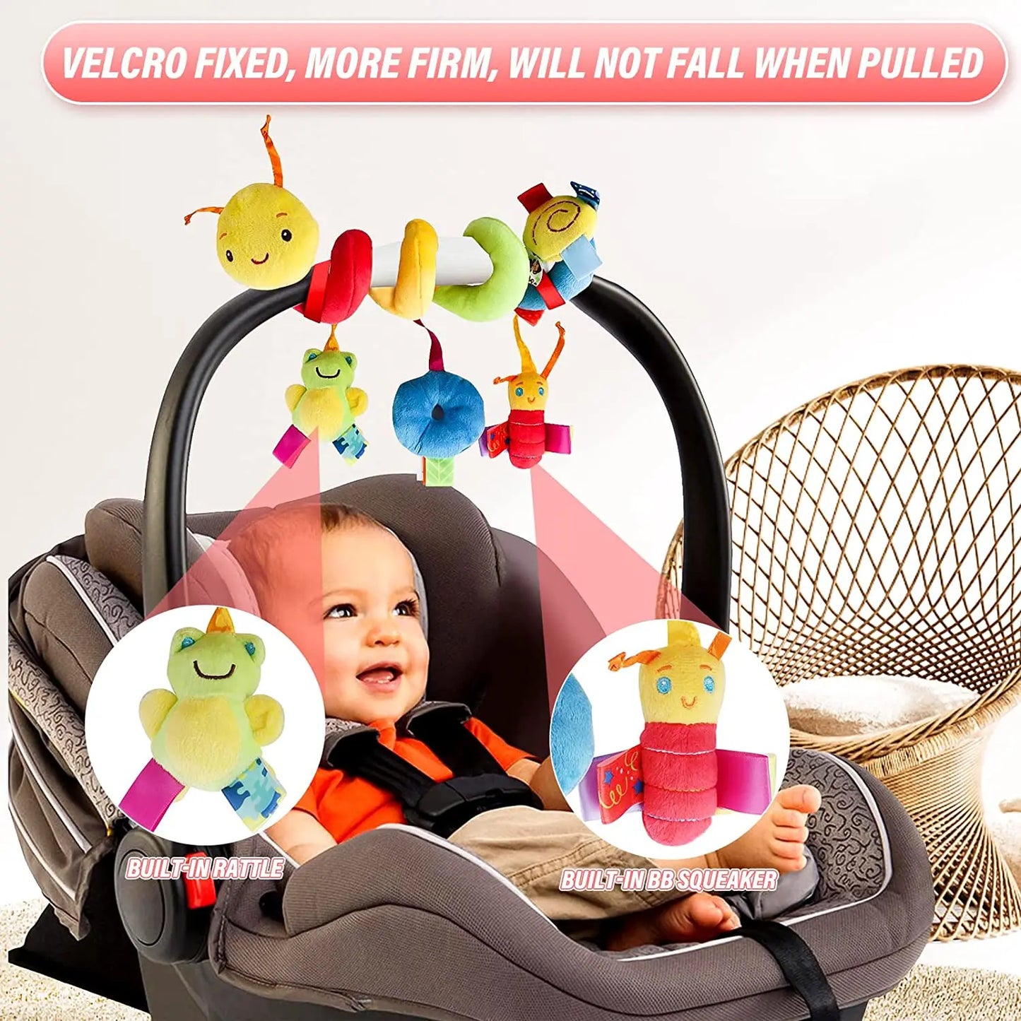 Jouets de siège de voiture en peluche pour bébé, jouets de poussette avec couineur BB et hochets pour nouveau-né, activité de voyage